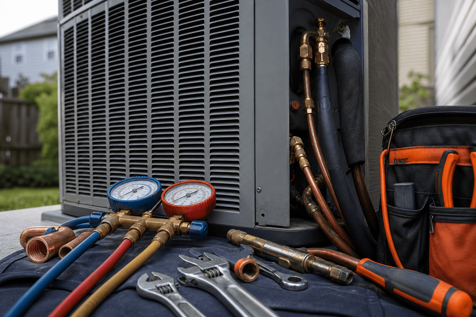 HVAC tools and outdoor condenser unit