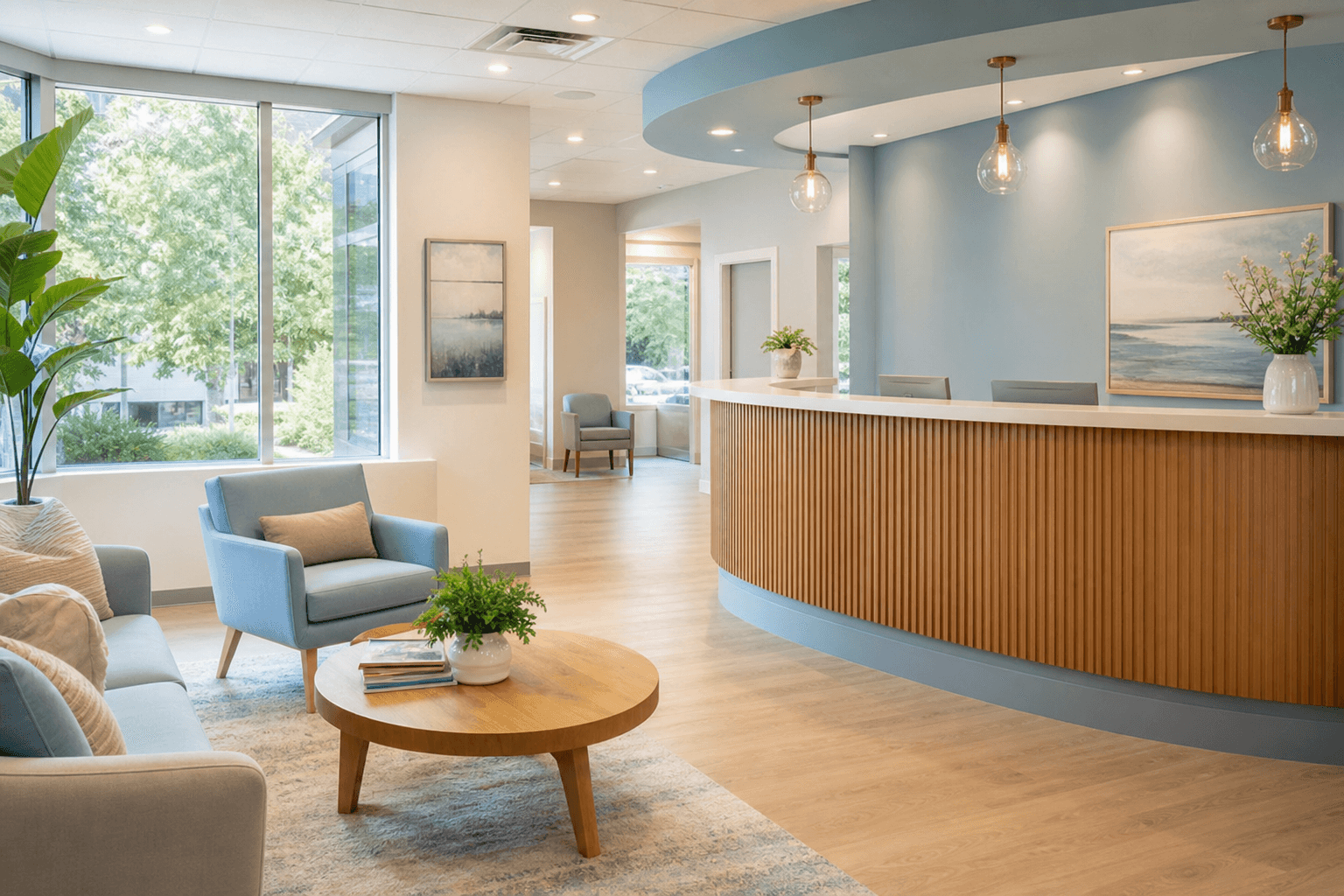 Bright, welcoming Harbor Point Family Dental reception