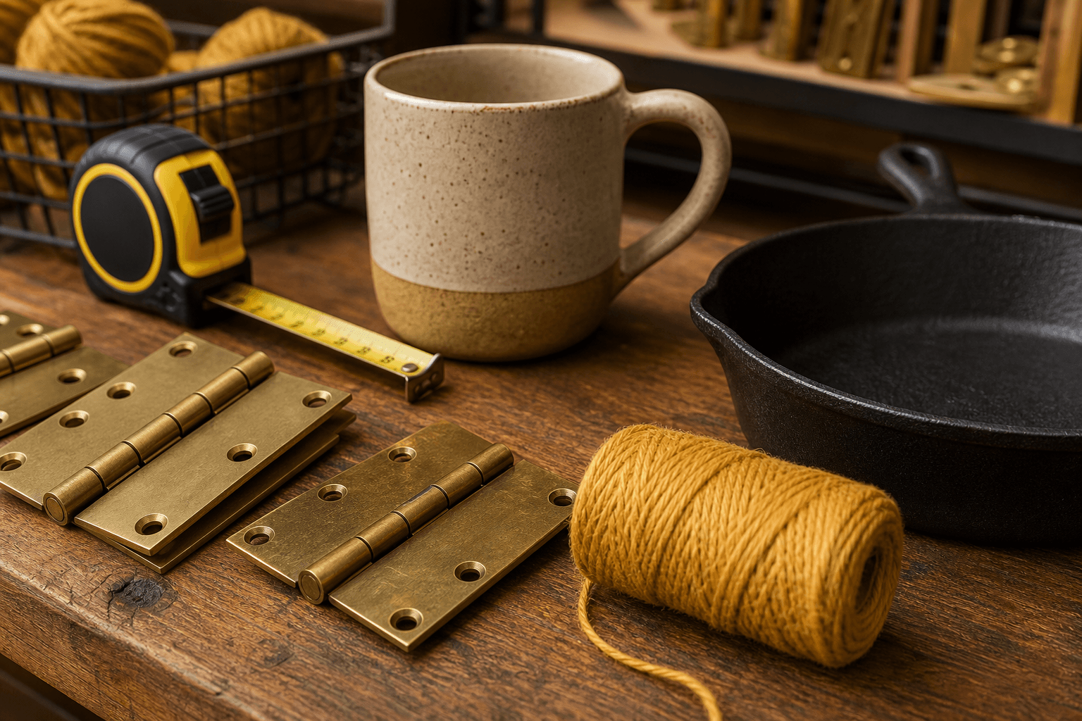 Hardware and home goods on a wood counter