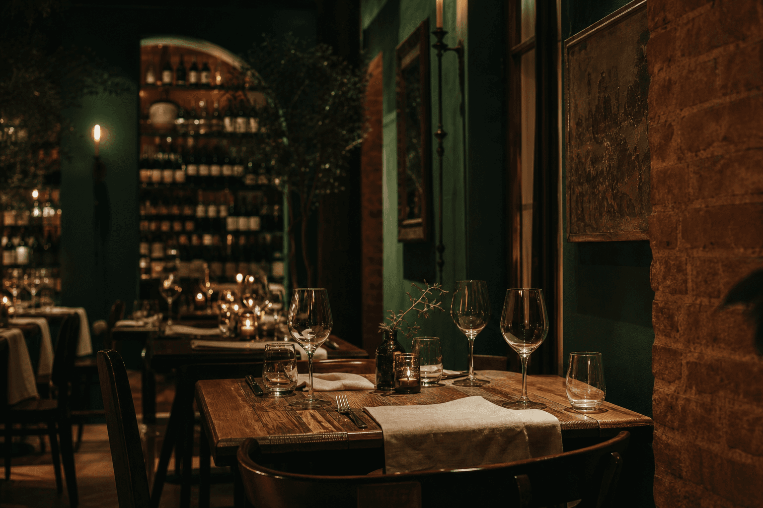 Candlelit dining room at Romeo & Vine
