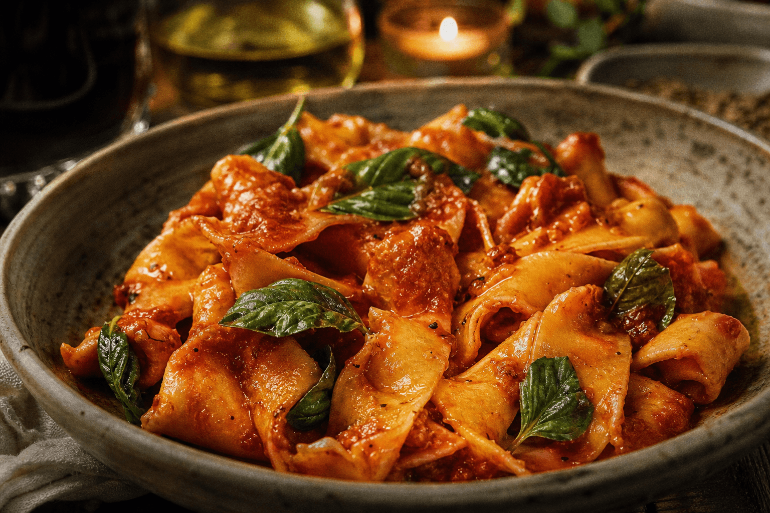 Handmade pasta with tomato and basil