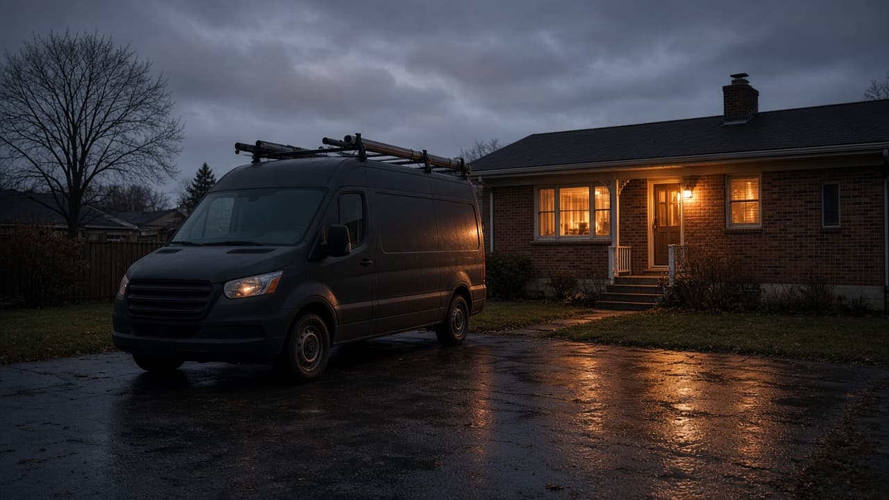 Van Dyke Electric service van in a Warren driveway at dusk