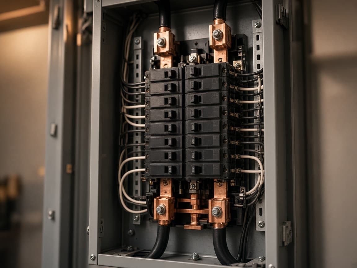 Open residential electrical panel with copper lugs